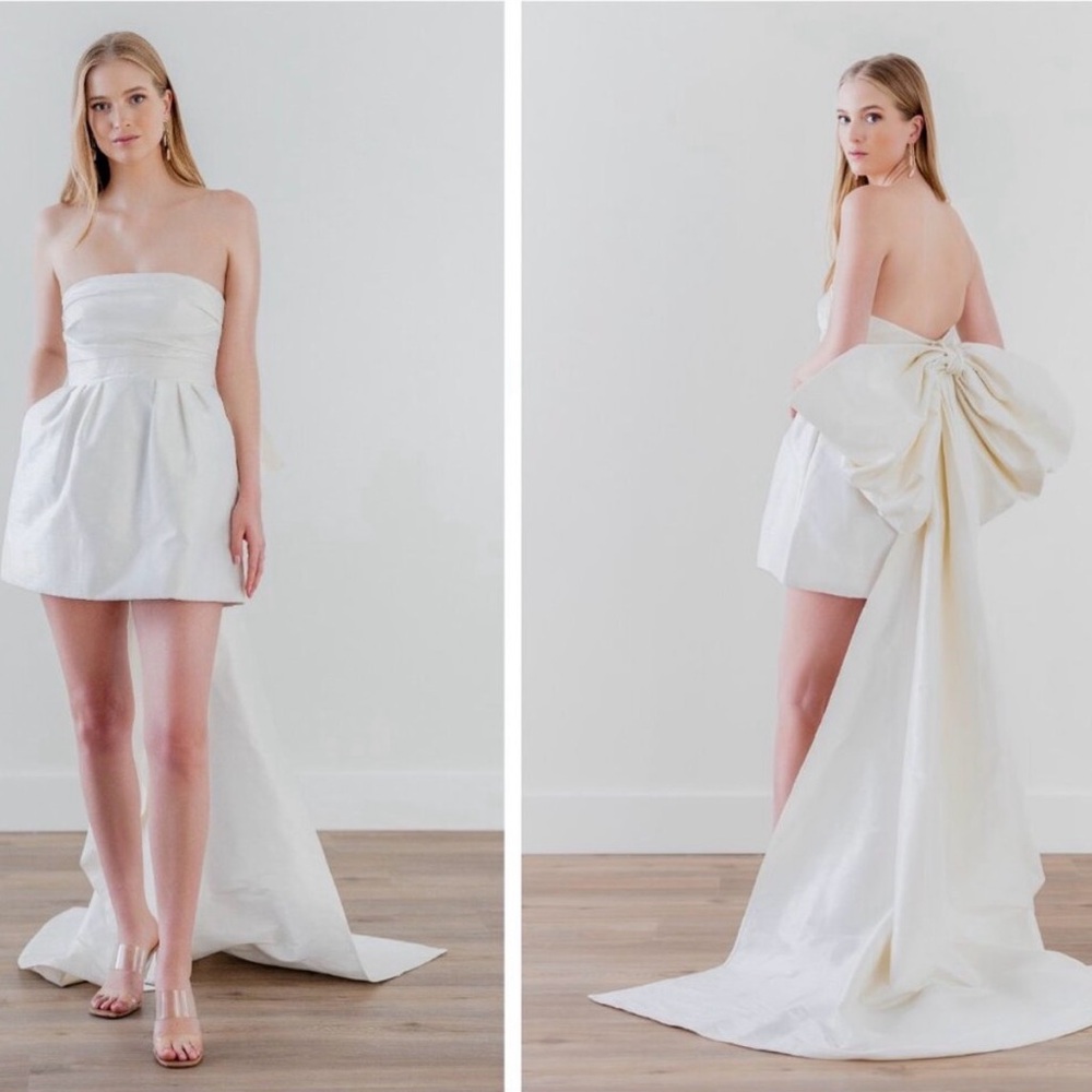 Strapless Ivory Mini Dress with Oversized Bow Train